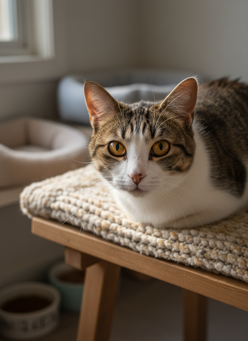 A close-up portrait of a single domestic short-hair street cat with mixed brown tabby and white fur, a tiny notch in one ear, and bright amber eyes reflecting curiosity and safety. The cat rests on a soft knitted blanket atop a simple wooden bench near a window inside a small home. Soft morning light streams in, illuminating the cat’s whiskers and fur texture, casting a gentle shadow behind. The background shows a blurred hint of cat beds and food bowls to suggest care and comfort. Shot at eye level with a tight composition and shallow depth of field, the image feels intimate, tender, and hopeful, emphasizing photographic realism and a warm, playful personality.