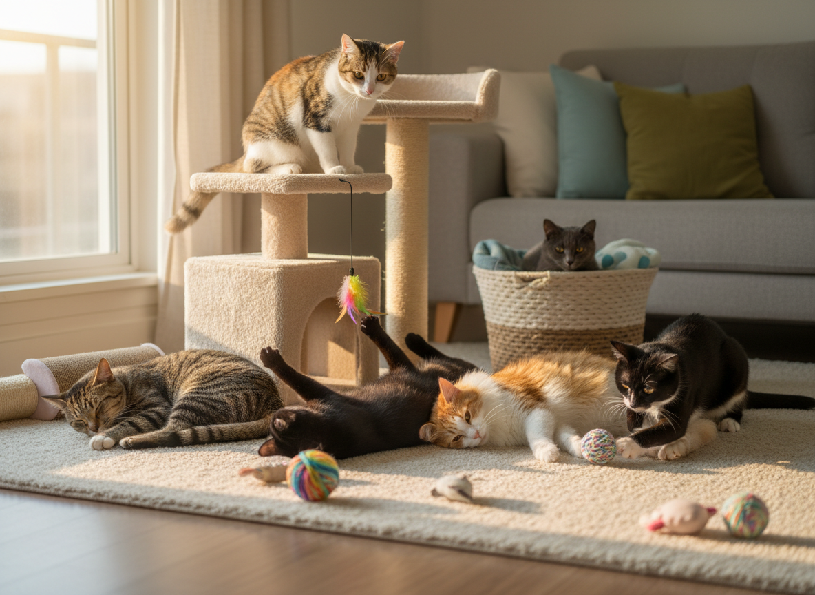 Six domestic short-hair rescue cats lounging together on a cozy living room rug, each with different fur patterns—tabby, tuxedo, ginger, calico, black, and grey—curled and stretched in playful poses around a low cat tree and scattered toys. The scene is set in a small, tidy apartment with soft-colored cushions, woven baskets, and a scratching post in the background. Warm late-afternoon sunlight filters through a window, creating gentle highlights on their whiskers and soft shadows on the floor. Photographed at eye level with a slightly wide angle, the shallow depth of field keeps the cats in crisp focus while the background softly blurs. The mood is warm, welcoming, and playful, capturing the feeling of a rescued street-cat family finally at home in photographic realism.