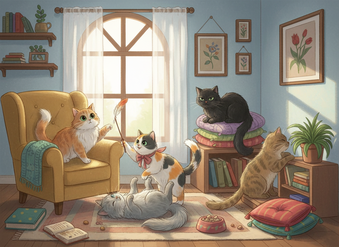 Six cats of different colors and personalities lounging together in a cozy small apartment. Some cats are curious, one is grumpy, one is playful. Warm, charming illustration style, soft natural light coming through a window.