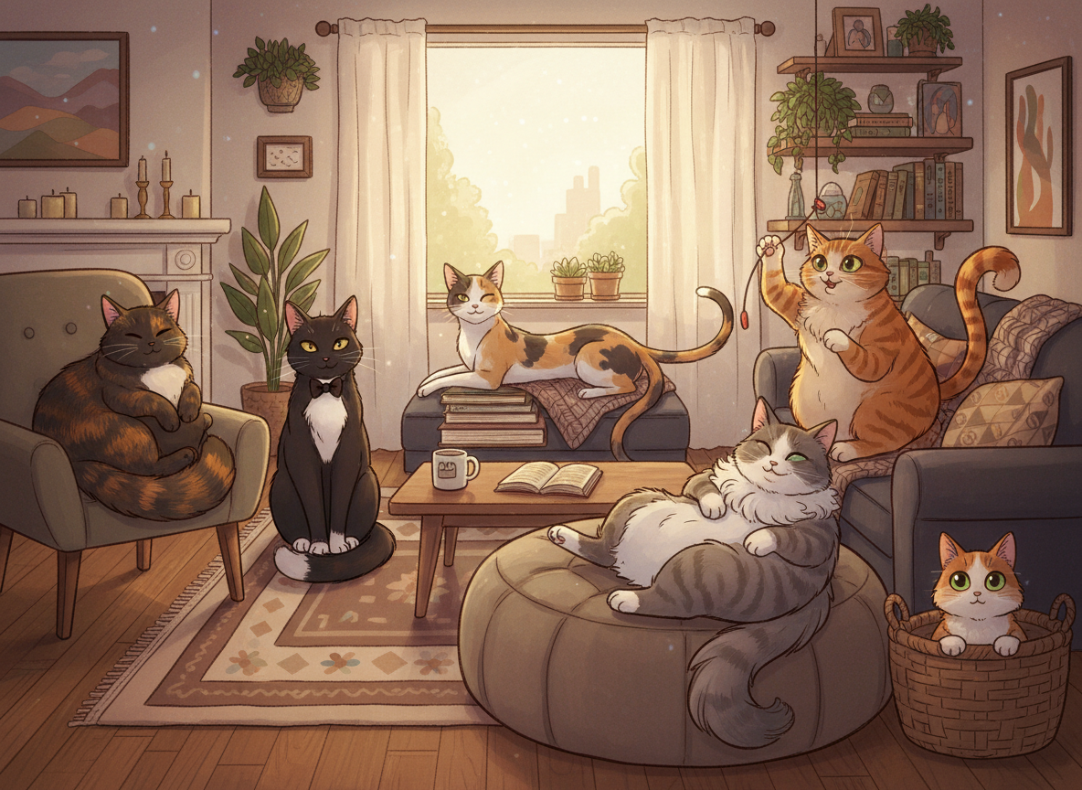 Six cats together in a cozy apartment living room, illustrated style, warm lighting. From left to right: 1) A chubby tortoiseshell female cat with a long tail, 2) A male tuxedo cat with a half-tail, 3) A sleek calico female cat with a long tail, 4) A chunky grey and white bicolor female cat with a long tail, 5) A chubby ginger tabby female cat with black markings and a long tail, 6) A small ginger and white bicolor female cat with a bobtail. All cats have distinct personalities visible in their poses. Cozy apartment background, soft illustrated art style.