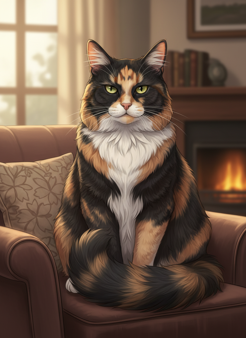 A realistic illustrated portrait of a tortoiseshell (tortie) female cat with a chubby face and long tail. The cat has a mix of black, orange, and white patches on her fur, with striking golden-green eyes. She has a regal, slightly grumpy but dignified expression — like a princess who knows she's in charge. Warm, soft illustrated art style with clean lines, cozy indoor lighting background. The cat is sitting upright, looking directly at the viewer with confident authority.