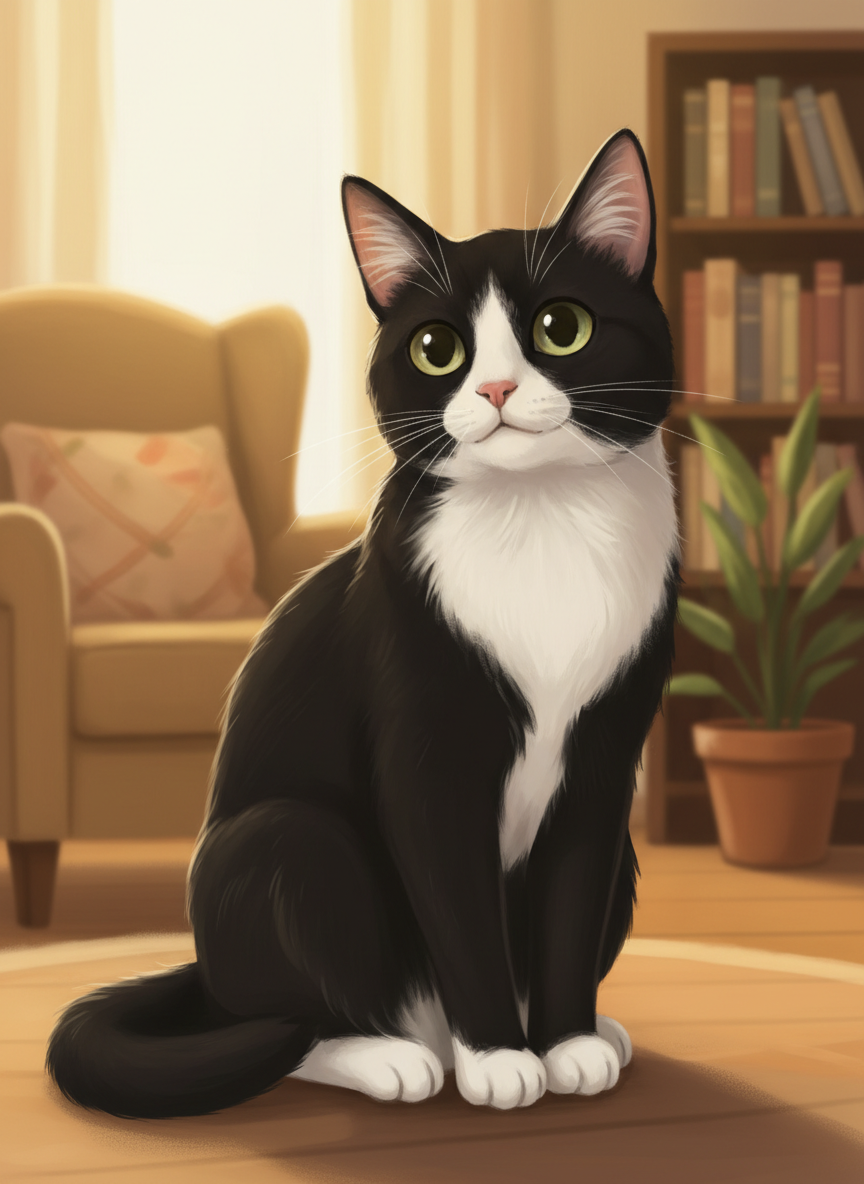 A realistic illustrated portrait of a tuxedo male cat with a half-tail (bobtail-ish), black and white markings — black on top, white chest and paws. He has a gentle, sweet, slightly wide-eyed expression — the kindest cat in the room. Soft illustrated art style with warm indoor background. He is sitting calmly, looking slightly upward with curiosity and gentleness.
