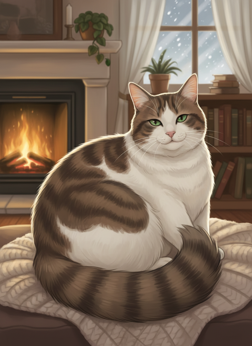 A realistic illustrated portrait of a female bicolor cat, white and brown/tabby patches, chubby and chunky body with a long tail. She has a calm, slightly aloof expression — beautiful and knows it, loves being petted but absolutely will not be picked up. Soft illustrated art style, warm cozy indoor background. She is lying down elegantly, looking directly at the viewer with a relaxed but slightly guarded expression.