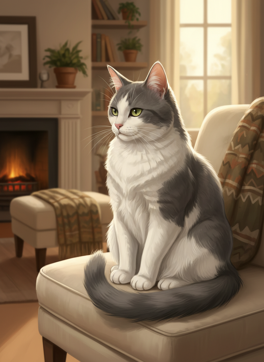 A realistic illustrated portrait of a female bicolor cat, grey and white with more white, chunky and sturdy body with a long tail. She has an energetic, independent expression — the kind of cat who pushes doors open with her shoulder and prefers her own space. Soft illustrated art style, warm cozy indoor background. She is sitting upright with a strong, confident posture, looking slightly to the side as if she has somewhere important to be.