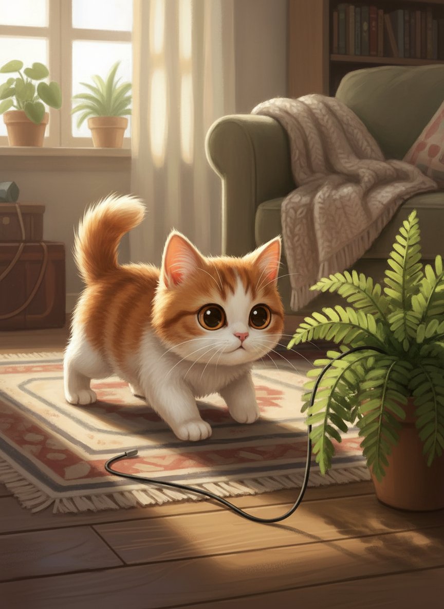 A realistic illustrated portrait of a small female bicolor cat, ginger and white, with a short bobtail. She is the smallest of the six cats, with a curious, mischievous, wide-eyed expression — always exploring, always getting into things. Soft illustrated art style, warm cozy indoor background. She is in a playful crouching pose, eyes wide and alert, as if she just spotted something fascinating (probably a cable or a plant) and is about to investigate.