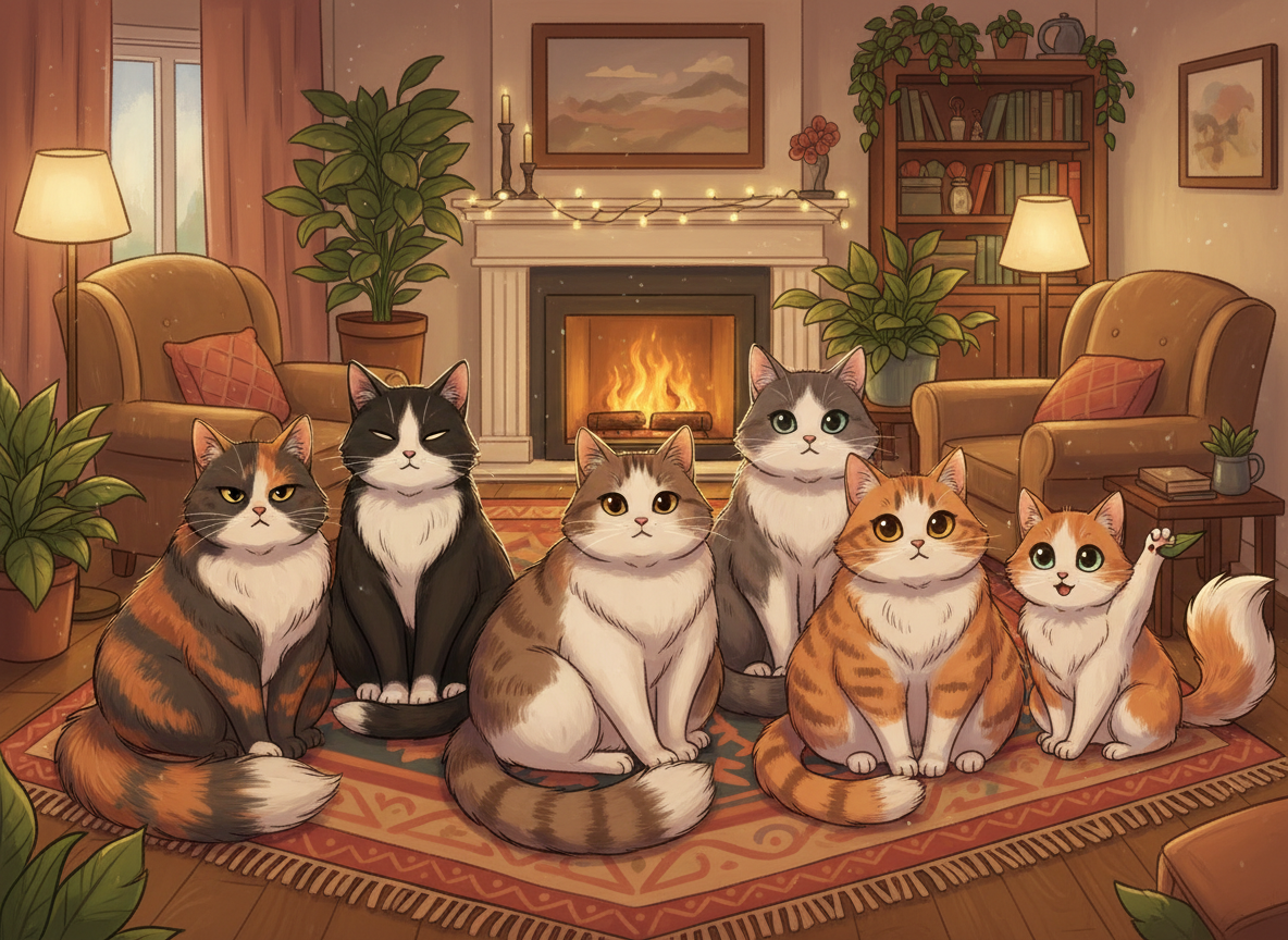 A warm illustrated group portrait of six cats together in a cozy living room. From left to right: 1) Liki — chubby tortoiseshell female with long tail, regal grumpy expression, 2) Flexo — tuxedo male with half-tail, gentle sweet expression, 3) Eli — bicolor white and brown/tabby chunky female with long tail, elegant pose, 4) Ela — bicolor grey and white chunky female with long tail, confident independent posture, 5) Desi — ginger tabby female with black markings, chubby, sweet hopeful eyes, 6) Lili — small ginger and white female with bobtail, wide-eyed curious playful pose. Soft warm illustrated art style, cozy home interior background with plants and warm lighting.