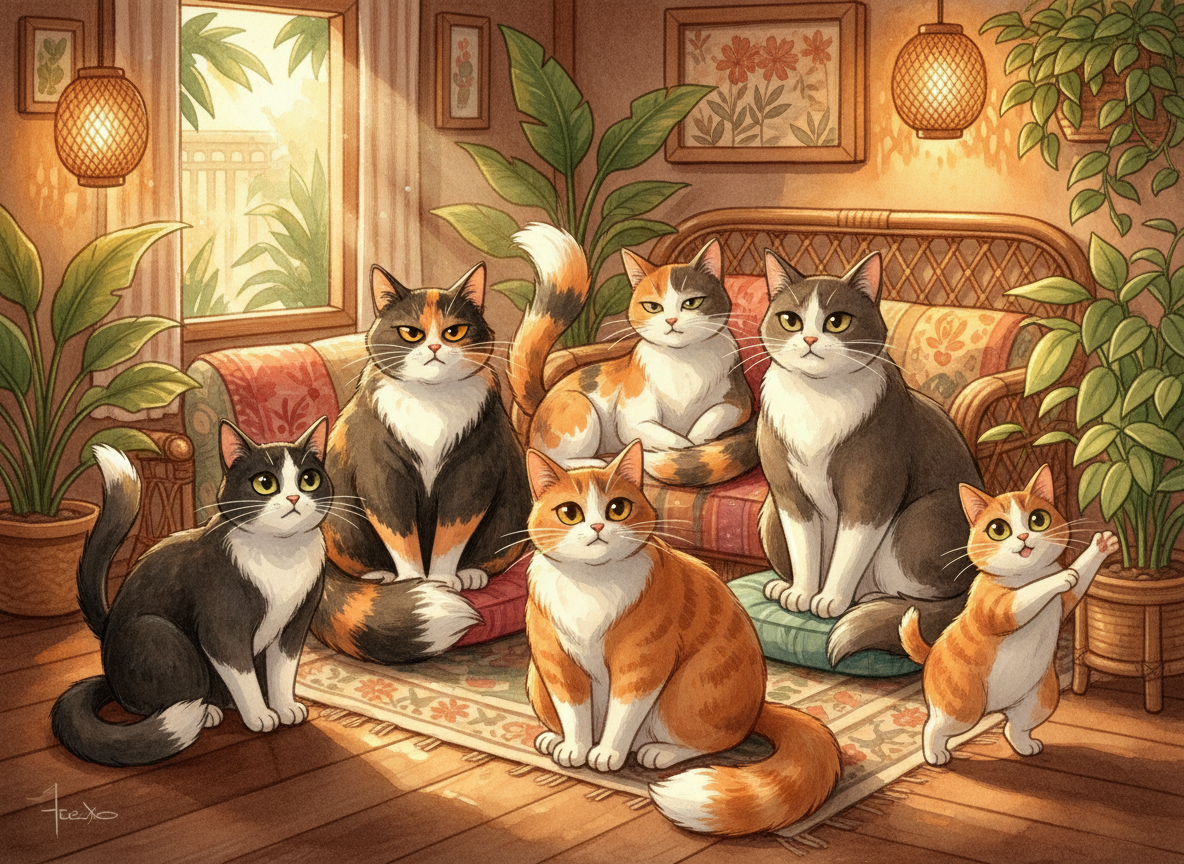A warm, cozy illustrated portrait of six cats together in a small Indonesian home. Soft watercolor illustration style with warm lighting. The six cats, each with distinct and accurate appearances: 1. Liki - chubby tortoiseshell female with long tail, black-orange-white fur, grumpy resting face, sitting upright like a queen 2. Flexo - male tuxedo cat with a half-tail (bobtail-ish but not fully), black and white, gentle soft expression, slightly timid pose, looking upward 3. Eli - calico female with long tail, white base with orange and dark grey-brown patches, pretty face, relaxed lounging pose, slightly aloof 4. Ela - chunky bicolor grey and white female with long tail, stocky muscular build, independent confident expression 5. Desi - chubby ginger tabby female with long tail, warm orange-brown tabby stripes, sweet curious face, attentive pose 6. Lili - small ginger and white bicolor female with a very short bobtail, tiny frame, wide curious eyes, playful energetic pose All six cats arranged together in a warm home setting, cozy Indonesian apartment with plants. Soft illustrated art style, warm tones.