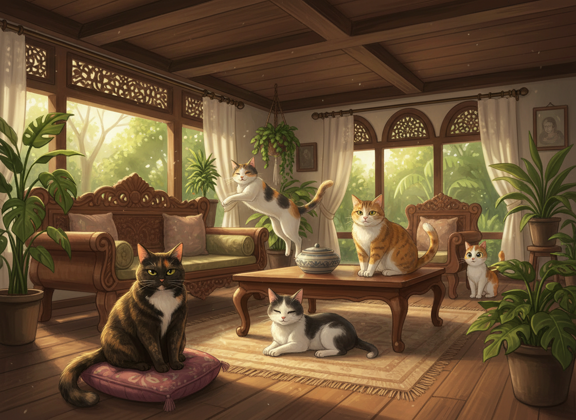 Enam kucing Rumah Katze dalam momen santai yang penuh kenyamanan dan kedamaian.
