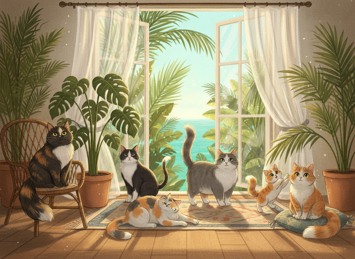 Six cats living together in a cozy tropical home interior. From left to right: a chubby tortoiseshell cat with a long tail sitting regally (Liki), a tuxedo cat with a half-tail sitting gently near a lush tropical potted plant (Flexo), a sleek calico cat with a long tail lounging elegantly (Eli), a chunky gray-and-white bicolor cat with a long tail standing boldly (Ela), a ginger tabby cat with a long tail sitting sweetly and looking hopeful (Desi), and a tiny ginger-white bicolor cat with a bobtail curious and playful (Lili). Tropical home setting: rattan furniture, large open windows with sheer curtains, tropical plants like monstera and palm leaves, warm golden sunlight streaming in, terracotta pots, wooden floors. Illustrated, charming, storybook art style.