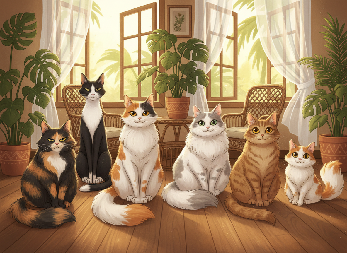 Six cats in a cozy tropical home interior, charming storybook illustration style. The setting is an ordinary tropical house: wooden floors, rattan furniture, open windows with sheer curtains letting in warm golden sunlight, lush monstera and tropical potted plants, terracotta pots. The six cats from left to right: (1) Liki — a chubby tortoiseshell cat with a long tail, grumpy resting face, sitting regally; (2) Flexo — a tall lean tuxedo cat, the only male, with a half-tail, black and white, sitting neatly; (3) Eli — a sleek calico cat with mostly white fur and calico patches, beautiful and friendly face, long tail, sitting gracefully and looking at the viewer with a warm expression; (4) Ela — a chubby cat with mostly white fur and grey spots, long tail, sitting confidently; (5) Desi — a tawny ginger-brown tabby cat with dark stripes and NO white markings at all, long tail, sitting sweetly with hopeful eyes; (6) Lili — a small-bodied cat with a bobtail, mostly white with ginger spots, curious and playful expression. All cat faces must be clearly drawn, undistorted, and individually distinct. Warm, charming, storybook illustration style.